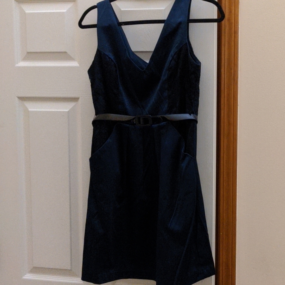 Navy Blue Fitted Satin Dress with Black Lace